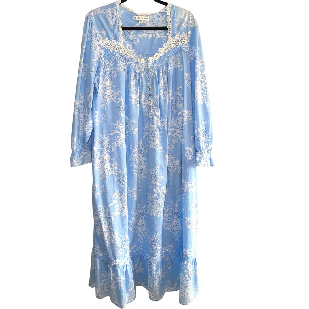Eileen West Nightgown Womens XL Blue Floral 100% Cotton Lace Long Sleeve Cottage